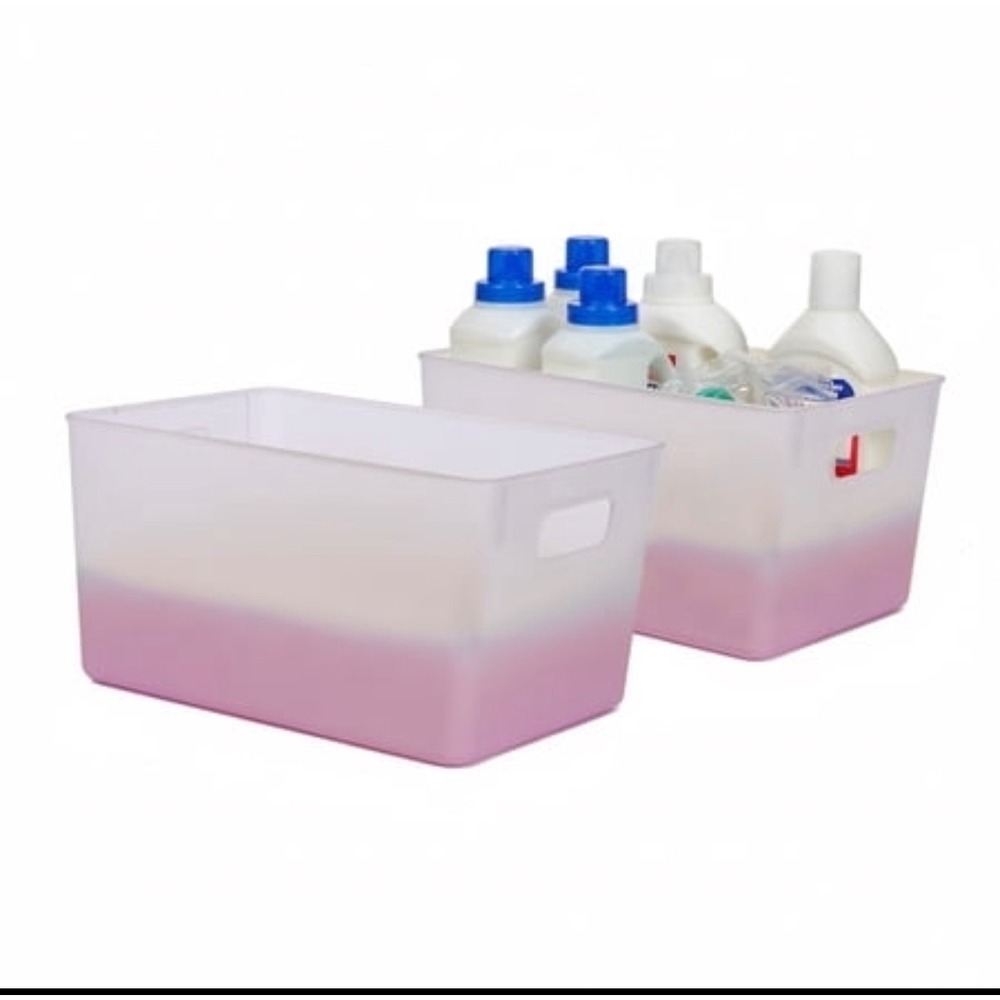 Pink Ombre Frosted Plastic Storage Bins with Handles Set of 2 Laundry Organizers